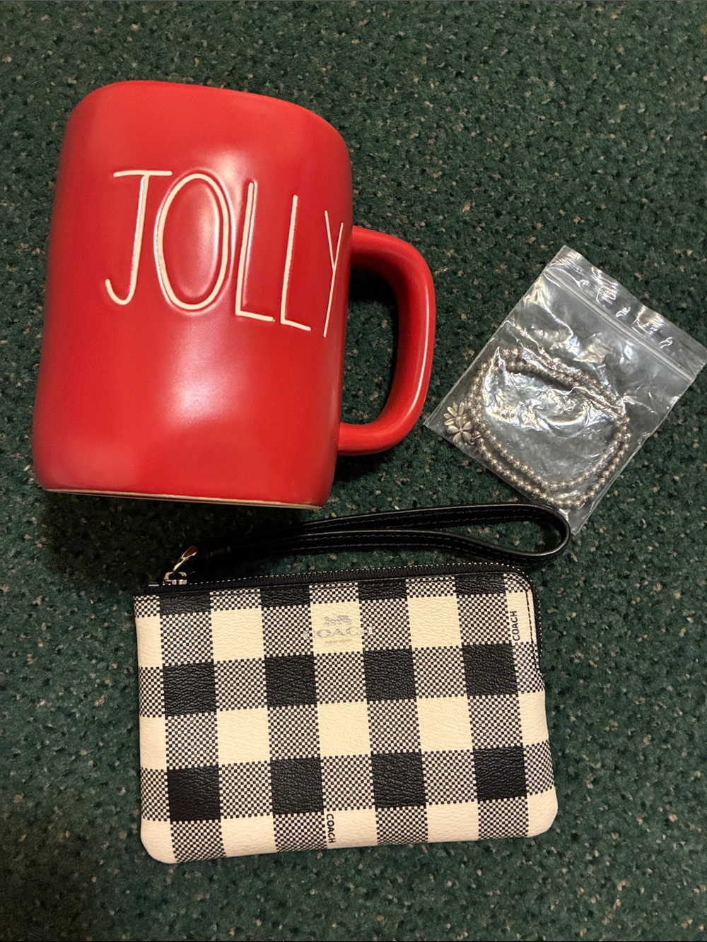 Coach Buffalo Plaid and Rae Dunn Red 'JOLLY' Ceramic Mug Holiday Bundle